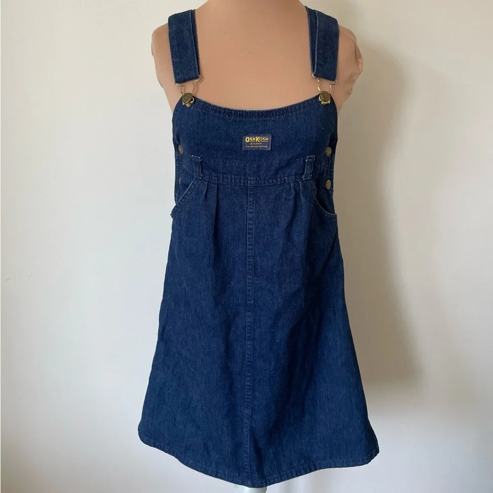 Vintage OshKosh B'gosh Girl's Blue Jean Overall Cotton Denim Dress USA EUC Sz 14